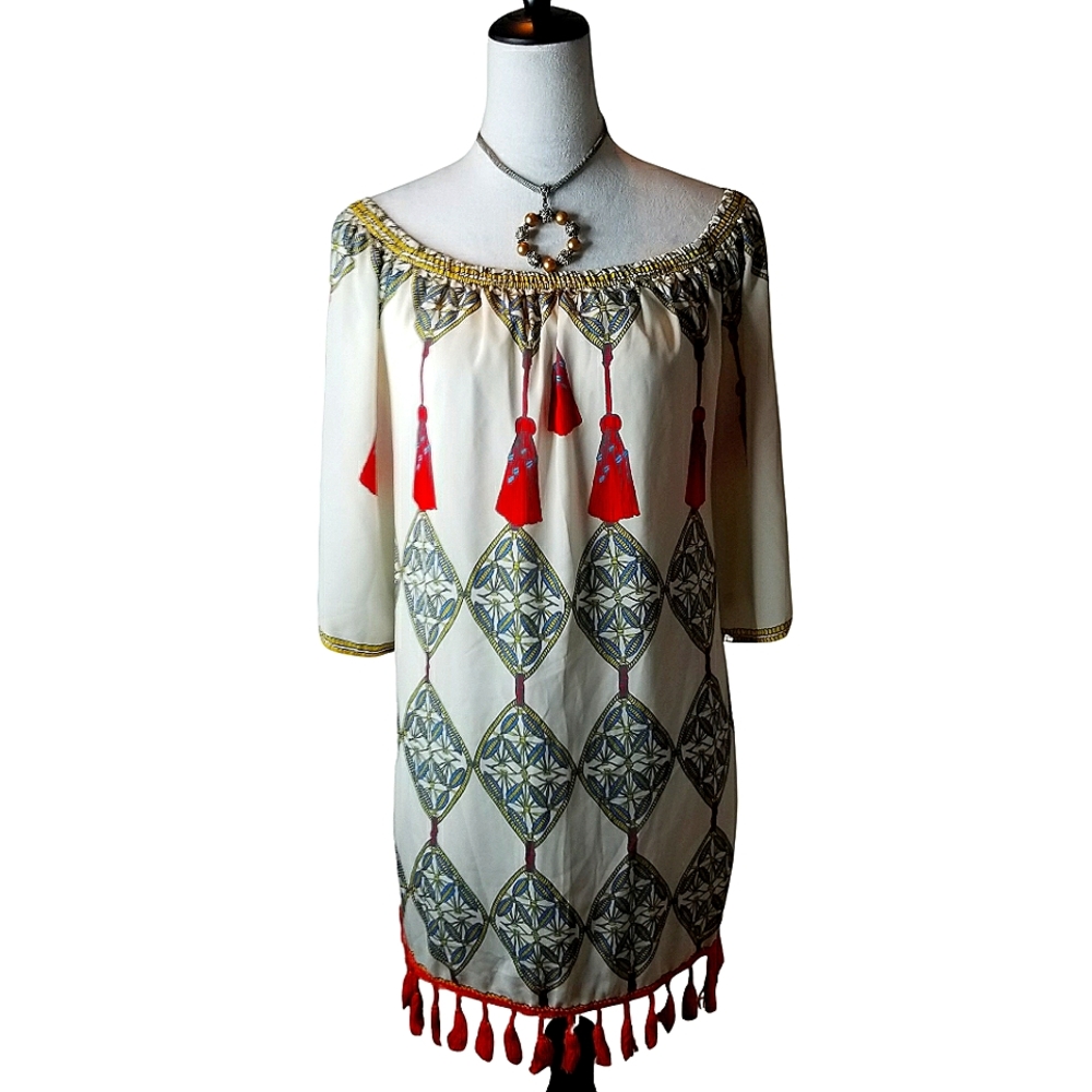 🦋A. Calin Los Angeles Free Form Bell Sleeve Tassle Hem Dress